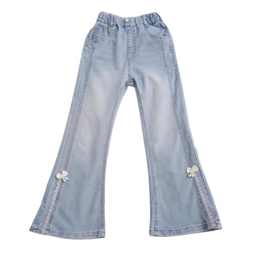 Girls Flare Jeans Lace Embroidery High Waist Pull on Denim Pants Kids Bell-Bottom Cute Washed Straight Jeans Trousers