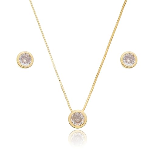 Conjunto Colar e Brinco Ponto de Luz Zircônia Banhado a Ouro 18K Biana Joias
