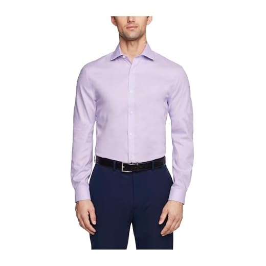 Tommy Hilfiger Camisa social masculina slim fit, não precisa passar a ferro, lisa, Lilás fosco, 15.5" Neck 34"-35" Sleeve