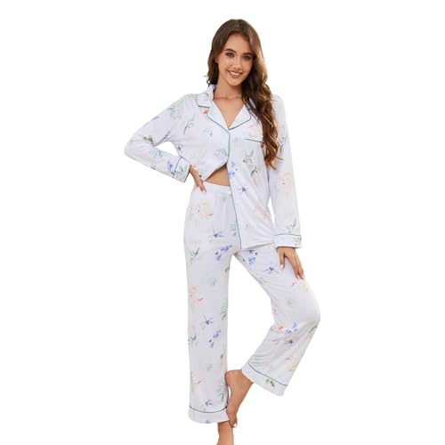 Image of LYCY Womens Pajama Sets Floral Print, Long Sleeve Button Down Pajamas Set for Women Soft Sleepwear Pjs 2 piece Loungewear