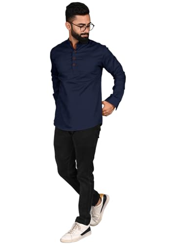 Image of ROYALSCOUT Men Cotton Blend Short Kurta with Mandarin Collar and Button Placket | Full Sleeve Regular Fit Ethnic Wear for Casual and Festive Use