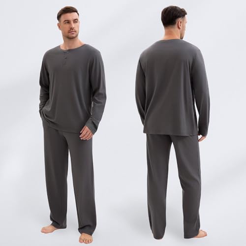 Mens Pajamas Set Henley T-Shirt Comfy Pj Sets Long Sleeve Pajamas Cotton 2-Piece Loungewear Nightwear with Pockets2