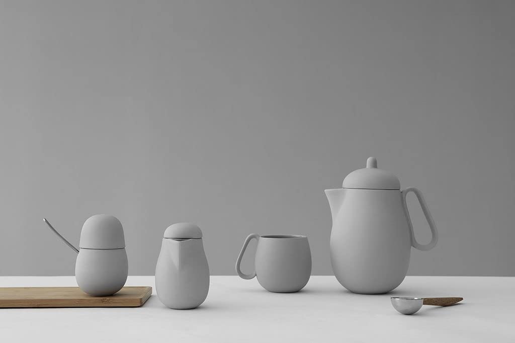 Viva Scandinavia Tee-Set Porzellan 3-teilig bestehend aus Designer Teekannne, Milchkännchen und Zuckerdose mit Löffel aus Edelstahl, Matt Sand Grau
