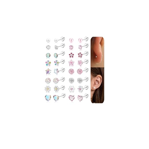 Thunaraz THA-P-E0011-FLAT 16 Pairs Hypoallergenic Screw Back Earrings For Women Girls Surgical Steel Tiny Cz Pearl Ball Heart Flower Screwback Flat Back Stud Earrings Set 20G cover