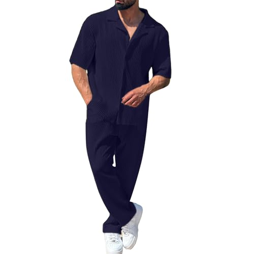 Mens Textured Sets Two Piece Outfit Short Sleeve Button Down Shirts and Trousers Solid Color Costume Everyday Casual Clothing