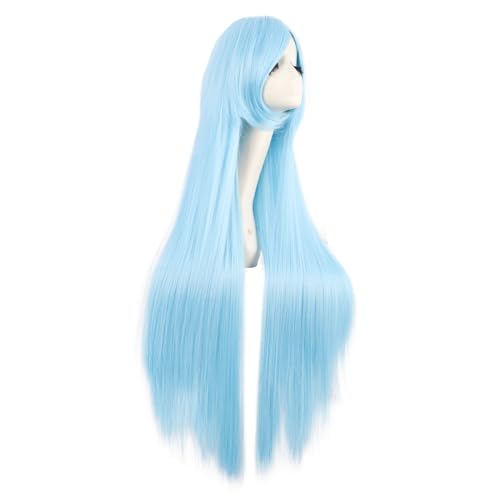 Image of MapofBeauty 40 Inch Oblique Bangs Anime Long Straight Wig, White /Azure Blue