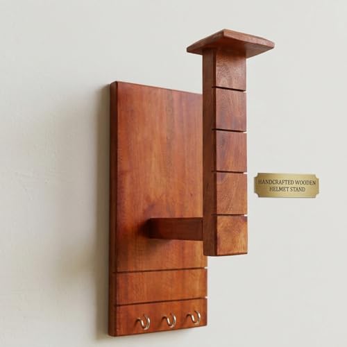 Image of Handcrafted Wooden Helmet Stand Wall Mount with Hooks - Motorcycle & Bike Helmet Holder, Wall Mounted Helmet Rack Organizer for Keys & Gloves, Space Saving Wooden Helmet Hanger for Home Garage