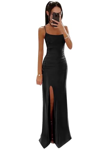 Satin Prom Dresses for Women Spaghetti Strap Mermaid Bridesmaid Dress Ruched Long Formal Gowns Evening Gowns with Slit MR78