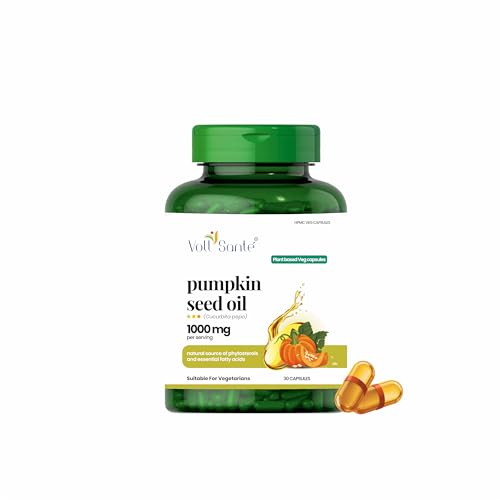 Image of Voll Sante Pumpkin Seed Oil Capsule-1000 mg Per Serving|HPMC Plant-Based Veg Capsules |Non-GMO|Cold-Pressed | Ayurvedic Dietary Supplement | Natural Source of Omega 6 & 9 | Supports Hair & Skin Health | 30 Capsules