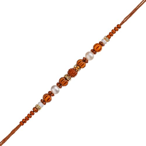 Image of eCraftIndia Pearls Beads Rudraksha Rakhi for Brother with Gift Combo Set Hamper | Raksha Bandhan Rakhi for Bhai Bhaiya | Best Bro Ever Fridge Magnet | Roli Chawal Pack
