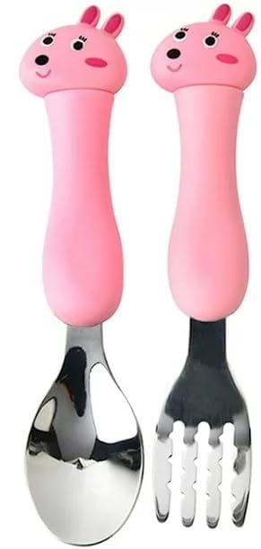 Image of Bekner Kids Cutlery Set, Stainless Steel Spoon and Fork with Animal Design Handles, 14.7 cm, Multicolor, Pack of 2 (Pink)