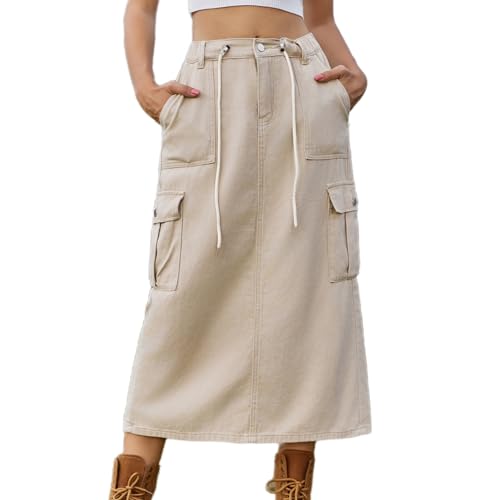 YHZROCL Falda Cargo Midi De Mezclilla con Cordón De Cintura Alta para Mujer, Negro, Cintura Alta, Mitad Elástica, Abertura En La Espalda, Falda Lápiz De Mezclilla Elástica, Botones Casuales, Mú