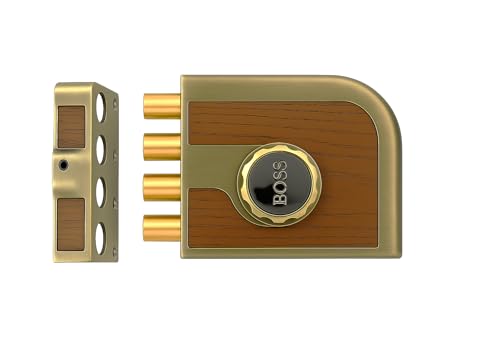 Image of B BOSS Tetrabolt Rim Lock with Integrated Handle | 4 Brass Dead Bolts | 4 High Security 14-Pin Ultra Keys | Inside Opening Main Door Lock | 15 Years Manufacturing Warranty (Antique Brass)