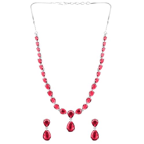 Image of Rubans Necklace Set Rhodium Plated Crystal Studded Jewellery Gift for Women & Girls