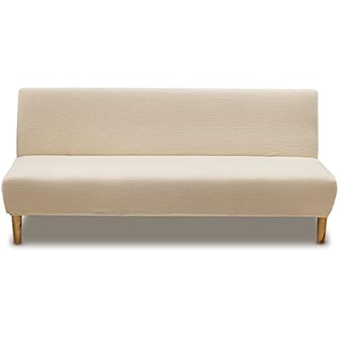 Carvapet Armless Sofa Cover Stretch Futon Cover Elastic Fabric Solid Sofa Couch Covers Universal Fitted Full Folding Sofa Bed Slipcover Furniture Cover Protector (Beige) Cover