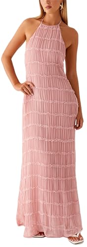 Image of Women Halter Ruched Maxi Dress Backless Sleeveless Long Dress Bodycon See Througn Pleated Sundress Beachwear