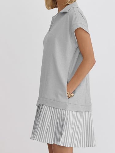 Image of Women's V Neck Short Sleeve Summer Dress Cap Sleeve Casual Loose Fit Pleated Striped Shirt Dress