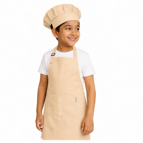 Image of uniformer Kids Apron with Chef Cap for Cooking, Baking, Painting Art & Crafts | Adjustable Child Apron with 2 Pockets | Great for Kitchen, School
