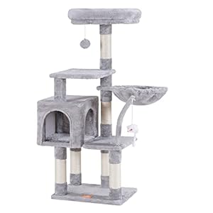 Heybly Cat Tree with Toy, Cat Tower Condo for Indoor Cats, Cat House with Padded Plush Perch, Cozy Hammock and Sisal Scratching Posts, Light Gray HCT004SW