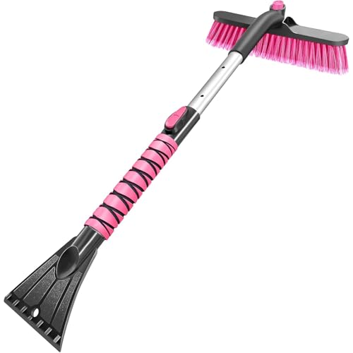 HEEYA 12.6 Inch Large Brush Head with Ice Scraper Extendable Car Scraper Snow Brush for Car Window Windshield Portable Snow Scraper for SUV Truck Vehicle Automobile - Pink