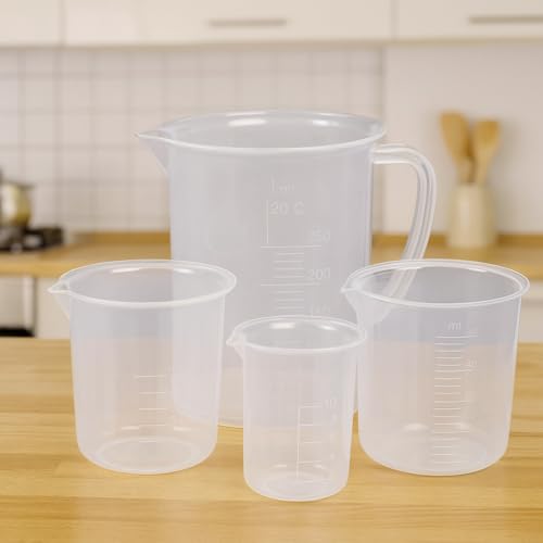 Image of ESAW Multipurpose Measuring Cup /Beaker /Jug Set for Kitchen, Cooking, Science Labs, Baking, Car Service & Schools - BPA-Free Plastic, Set of 4 (500 ml, 250ml, 100ml, 50ml)