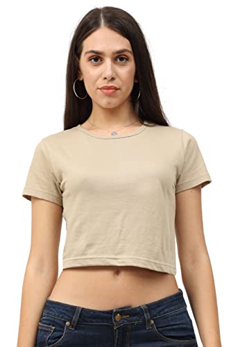 Image of FLEXIMAA Women's Cotton Plain Round Neck Half Sleeve Crop Top