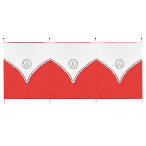 Board Masters Volkswagen Windbreak for Beach, Camping or Garden, VW 4 Pole Windbreaker Camping Sun Shade, Wooden Poles, L290cm x H120cm, Red