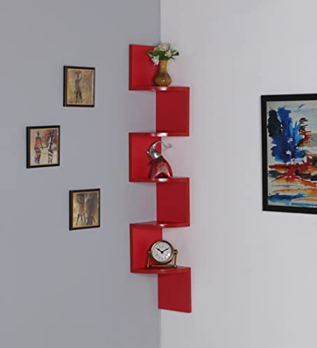 Image of Wooden handicrafts Wooden Stylish Wall Rack Shelves Set of Wall Shelves MDF -Medium Density Fiber Home Decoration Wall Decor (Red, Zig Zag Corner)