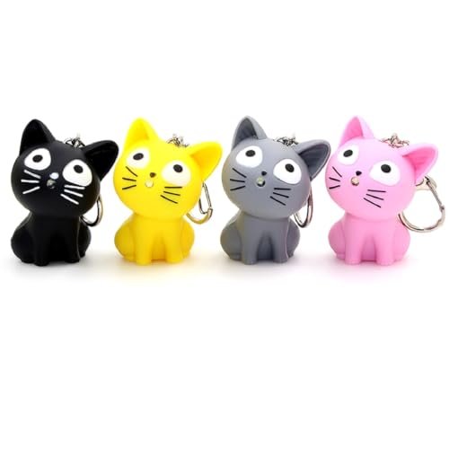 JZK 4 llaveros de gato con luz LED y sonido, mini gato de juguete 3D con llavero, dispositivo temático de regalos de fiesta de cumpleaños, relleno de bolsas de fiesta para niños, regalo de