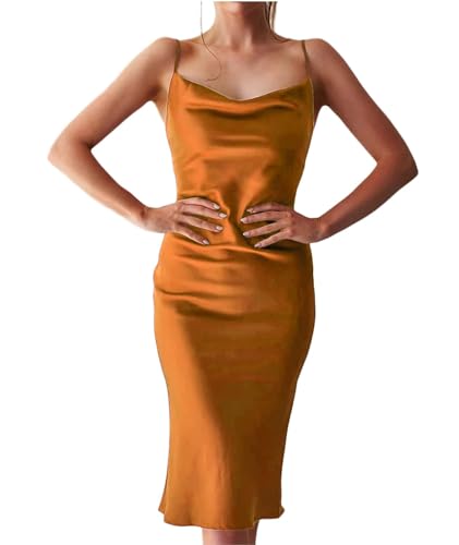 xxxiticat Women's Sleeveless Spaghetti Strap Satin Dress Cocktail Beach Evening Party Cowl Neck Dot Leopard Midi Dresses(Split,RU,M)