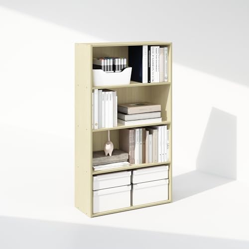Image of Furinno Simple Book Shelf, 4-Tier Bookshelf, Bookcase with Open Shelf, 9.4 x 23.6 x 41.7, for Living Room, Bedroom, Home Office, Steam Beech