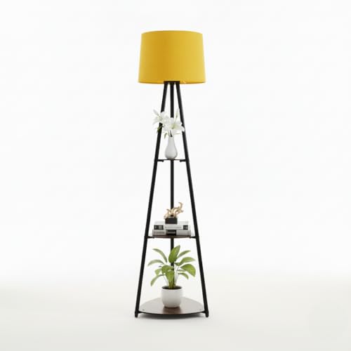 Image of Tripod Metal Floor Lamp with Shelves Stylish Standing Lamp for Living Room Decoration Bedroom Corner Stand Aesthetic Home Decor (Fresh Yellow) LED Bulb Included