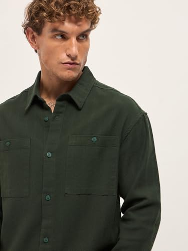 Image of THE BEAR HOUSE Men Pure Cotton Textured Relaxed Fit Overshirt