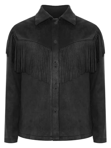 Girls Vintage Cowgirl Shirt Faux Suede Long Sleeve Button Down Fringe Jacket Top3