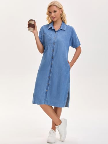Image of Women's Midi Denim Dress Summer Short Sleeve Button Down Casual Loose Long Tunic Jean Shirt Dress
