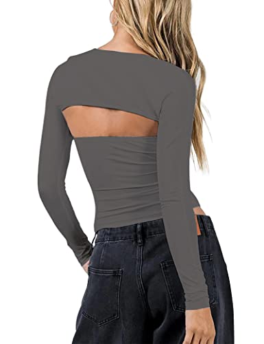 Image of Women 2 Piece Long Sleeve Y2K Cardigan Bolero Shrug Set Strapless Going Out Crop Top 2023 Fashion T-Shirt Tank Tops