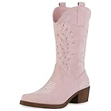ugg boots rosa schleife  VAN HILL Damen Cowboystiefel Stiefel Veloursleder-Optik Schuhe Spitze Stickereien Freizeitstiefel Western Boots 210824 Rosa Velours 41