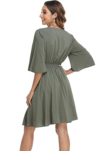 Image of VintageClothing Women's Floral Sundresses Flowy Boho Summer Beach Dress | Lightweight Breathable material,Elegant V Neck and Button Front Design,Flared Bell Sleeve Cut,Mini Casual dress