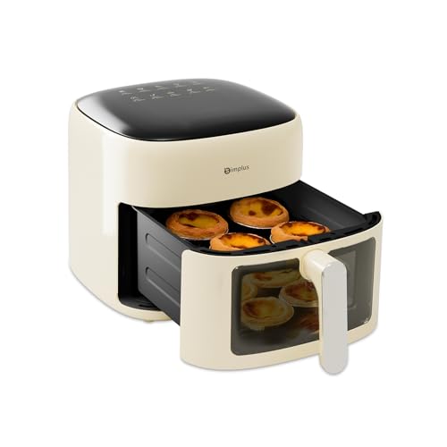 SIMPLUS Freidora de Aire Caliente 6,5L, Diseño Plano Grande Capacidad Sin Espacio, Ventana Visible + Pantalla Táctil, 10 Programas, Antiadherente, Ideal para Familias, Color Crema