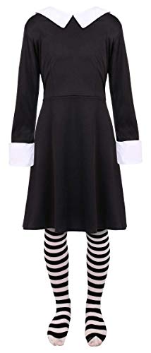 Girls Gothic Schoolgirl Fancy Dress Costume - Wednesday Halloween Costume - Long Black Collared Dress + Striped Tights (X-Large - 12-13 Years)