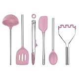 Picture of Tovolo Silicone Cooking Utensil Set of 6 Pink Sorbet Ladle Slotted Turner Tongs Flex Core Spatula Scraper Mixing Spoon and Potato Masher, Dishwasher Safe BPA Free Silicone Kitchen Utensils