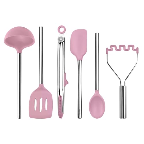 Image of Tovolo Silicone Cooking Utensil Set of 6 Pink Sorbet Ladle Slotted Turner Tongs Flex Core Spatula Scraper Mixing Spoon and Potato Masher, Dishwasher Safe BPA Free Silicone Kitchen Utensils