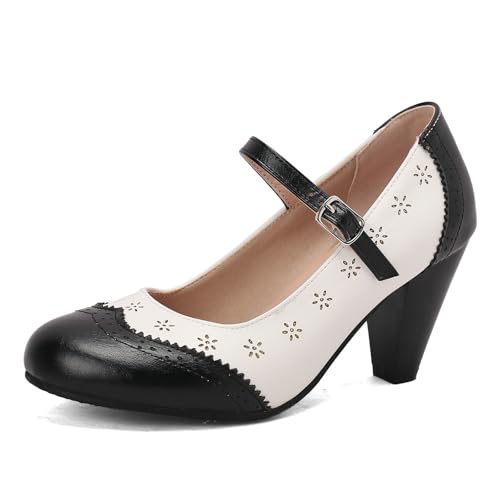 AIMODOR Mary Jane Heels for Women Chunky High Lolita Heels Vintage Round Closed Toe Pumps Retro Rockabilly Wingtip Oxford Mary Jane Pumps Ankle Strap Kawaii Dress Shoes