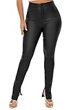 Womens High Waisted Stretch Faux Leather Pants PU Coated Legging Juniors (019-split Hem Black 13)