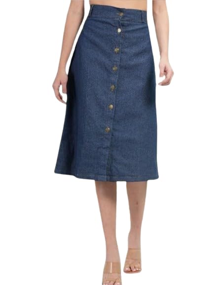 Image of Straight Stylish Comfortable Long Two Button Up Slit Dobby Denim Skirt for Women & Girls