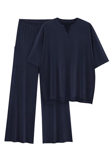 KIRUNDO Two Piece Sets for Women Lounge Set Airport Travel Summer Outfits 2026 Comfy Short Sleeve Top Matching Wide Leg Pants(Navy Blue, XX-Large)