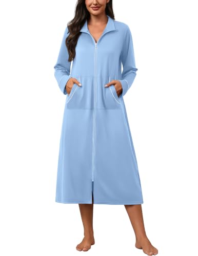 Image of Ekouaer Zipper Robes for Women Long Sleeve Lightweight House Coats with Pockets Zip Up Bathrobe Loungewear S-3XL