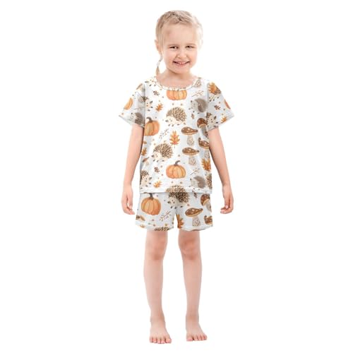ALAZA Hedgehog Pumpkin Mushroom Maple Leaf Pajamas Set Short Sleeve Cotton Sleepwear Summer Pjs 2 Piece 5-14Y3