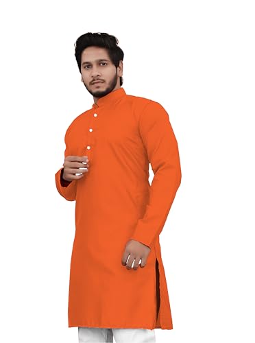 Image of Cotton Blend Full Sleeve Long Plain Kurta for Men