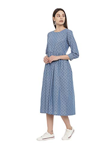 Image of Elleora Women Denim Navy Block Printed Fit and Flare Dress.